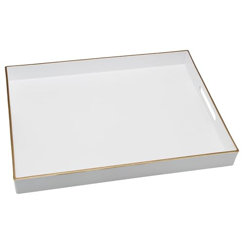 15.8" x 11.8" White Plastic Serving Tray with Gold Trim and Handles, Decorative Rectangular Tray for Ottoman, Coffee Table, Kitchen Counter, Bathroom Vanity, Heavy-Duty & Easy to Clean - color: White