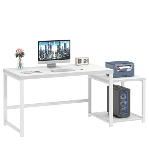 FOLUBAN Large White Computer Desk, Home Office Desk with Printer Space & PC Tower Stand, Modern Study Writing Table Workstation for Living Room Bedroom, 63 Inch - color: White