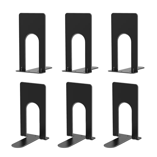 Optomni Book Ends, 3 Pairs of Small Bookends for Shelves, 3.9 x 2.8 × 5.2 in, Black Metal Book Stopper, Sturdy Book Holders for Home Office (6 Pcs, Small)