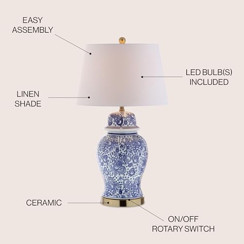JONATHAN Y 29.5" Blue/White Ceramic Table Lamp for Living Room and Office, White Linen Drum Shade, Traditional Chinoiserie Ginger Jar Lamp, LED Bulb Included JYL3008A - color: Blue/White