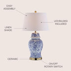 JONATHAN Y 29.5" Blue/White Ceramic Table Lamp for Living Room and Office, White Linen Drum Shade, Traditional Chinoiserie Ginger Jar Lamp, LED Bulb Included JYL3008A - color: Blue/White