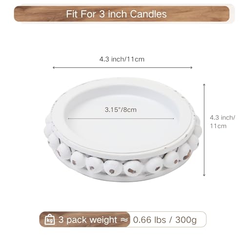 Wooden Candle Holders for Pillar Candles, Set of 3 Wood Beaded Plate with Metal Cup Inserts, 4 Inch Rustic Farmhouse Tray Stand for Fireplace Mantel, Table Centerpiece Decor - White - color: Distressed White