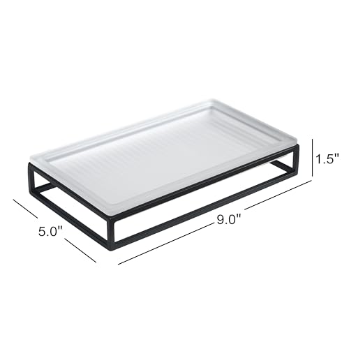 Ribbed Glass and Metal Tray – Frosted White with Black Accents, Modern Minimalist Storage