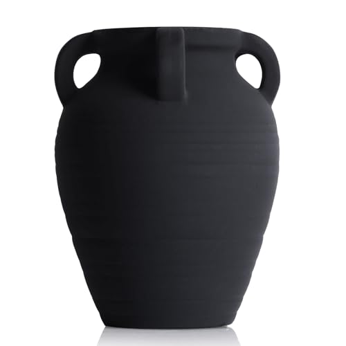 Handmade Black Vase - 8.2" Tall Terracotta Vases with 4 Ear Design, Wide Mouth Vintage Vases, Rustic Antique Decor Matte Finish Black Ceramic Vase for Home Decor, Living Room, Table, Fireplace Decor - color: Black, size: Small