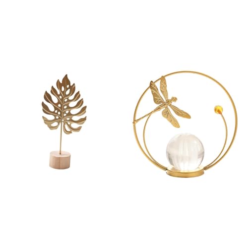 Fenteer Leaf Sculpture Metal Leaf Statue Art Figurine Crystal Ball Ornament Iron with Wood Base Elegant Decoration Suitable for Bedroom Living Room Office GIF