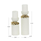 Deco 79 Ceramic Decorative Candle Holder Candle Stand with Abstract Spotted Pattern and Gold Leaf Accents, Set of 2 Candlestick Holder 12", 9" H, White