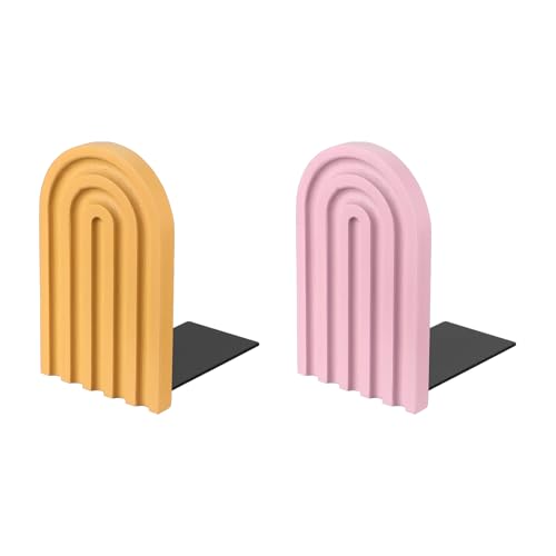 PATIKIL 2Pcs Boho Arch Bookends, Non-Skid Wood Book Ends Rainbow Wooden for Shelves Book Stopper Stand Cute for Holding Books Movie CD Home Office Library Decorative, Pink/Yellow - color: Pink/Yellow