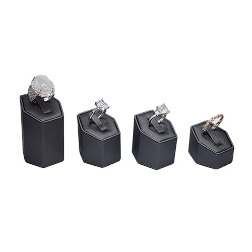 MOOCA 4 Pcs Set Faux Leather Ring Stand Holder Jewelry Display Set, Ring Holders for Jewelry Storage Organizer Stand Pedestals Display, Steel Gray, 1 3/4W x 1 5/8D and ½” H,¼” H,2 ½” H - color: Steel Gray Faux Leather