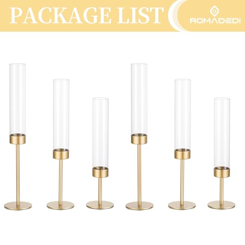 Glass Hurricane Candlestick Holders Gold - Romadedi Set of 6 Taper Candle Holder Bulk Tall Clear Glass Cylinder Table Centerpiece Wedding Decor Party Birthday Christmas Home Decorations - size: 6 PCS