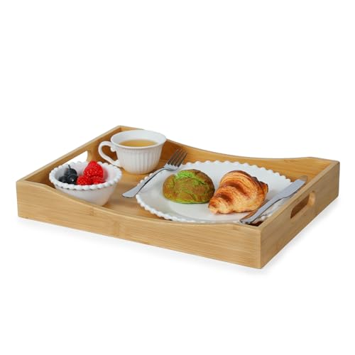 Gobam Bamboo Serving Tray with Handles (16.5-Inch), Solid Decorative Wood Tray for Ottoman Coffee Table, Natural Rectangle Breakfast in Bed Tray for Eating, Food and Drinks Platter - color: Natural, size: 16.5" x 12.4" x 2.4"