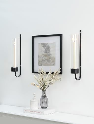 Sziqiqi Black Wall Candle Holders: Metal Candle Sconces for Taper Set of 2 Modern Wall Mounted Candlestick Holder with Hurricane Glass for Living Dining Room Bedroom Bathroom Outdoor