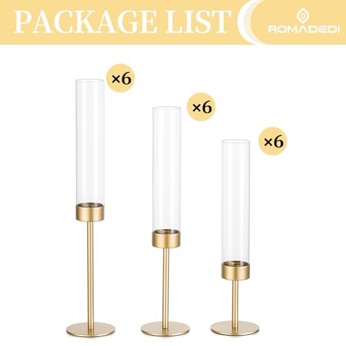 Glass Hurricane Candlestick Holders Gold - Romadedi 18 PCS Taper Candle Holder Bulk Tall Clear Glass Cylinder Table Centerpiece Wedding Decor Party Birthday Christmas Home Decorations - size: 18 PCS