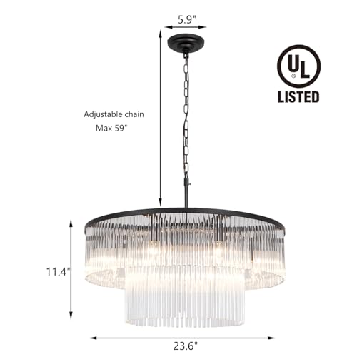 Black Modern Chandelier, 2-Tier Crystal Glass, 8-Light Round Dining Room Chandelier, Contemporary Pendant Ceiling Light for Bedroom Foyer Entryway, 23.6'' - size: Small Black (23.6" x 70")