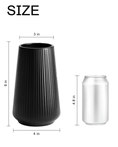 Black Ceramic Vase, 8 Inch Flower Vase for Pampas Grass, Modern Ribbed Decorative Vase with Narrow Opening for Living Room Table, Shelf Decor - color: Black01