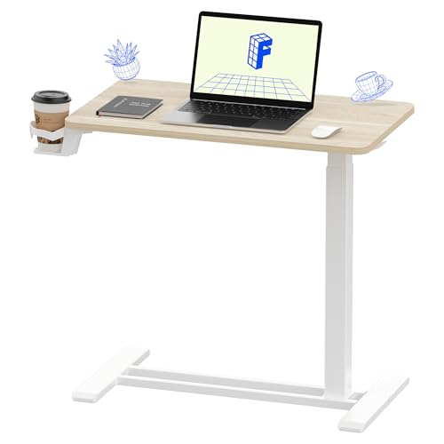 FLEXISPOT H7 Adjustable Overbed Bedside Table with Wheels Pneumatic Mobile Standing Desk Laptop Desk Rolling Computer Cart Movable Overbed Tables Hospital Home Use(27.6" W x 15.7" D, White Wood Grain) - color: White Wood Grain, size: Small