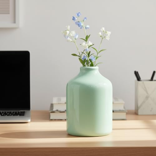 Sunddo Green Ceramic Vase for Home Decor, 7 Inch Modern Decorative Vases, Minimalist Flower Vase for Living Room, Bookshelf, Bedside Table Decor, Nightstand, Wedding Table Decoration - color: Light Green, size: 7 inch