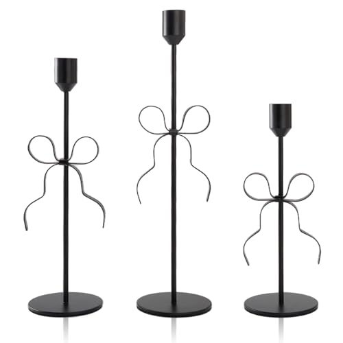 Bow Candle Holder - Bow Candlestick Holder Set of 3 Metal Gold, Modern Decorative Taper Candle Holder for Centerpiece Wedding Dining Table Holiday Housewarming Gift (Black)