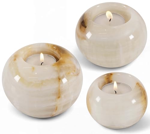 Radicaln Marble Tealight Candle Holder 4" Inch White Onyx Handmade Decorative Votive Candle Holder for Home Decor, Elegant Set of 3 Mini Candle Holders & Marble Taper Holder for Housewarming Gifts - color: White Onyx