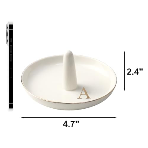 Ceramic Initials Jewelry Tray Ring Dish With Personalized A-Monogrammed Engagement Wedding Gifts, for Birthday Mother's Day for Women, Ceramic White 4.7" x2.4" - style: A