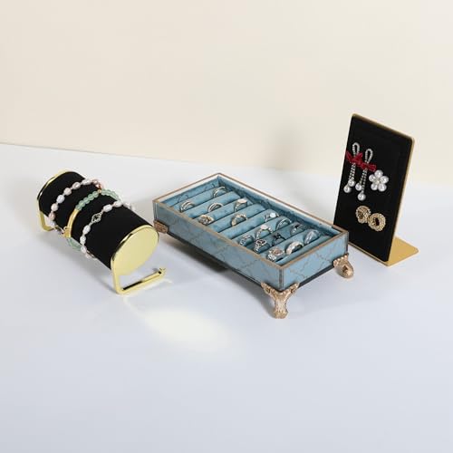 GemeShou velvet slots Ring holder for jewelry organizer, Earring ring display stand for selling, felt ring jewelry holder tray showcase【Velvet slots Ring Holder-Light blue】 - color: Light blue