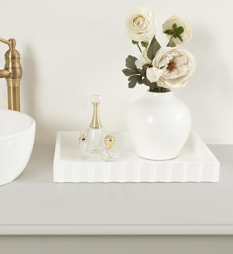 Kate and Laurel Lissi Decorative Rectangle Tray with Wavy Design; 16 x 12; White; Modern Scalloped Serving Tray for Coffee Table Ottoman; Dining Table; or Entryway Catch-All Tray - color: White