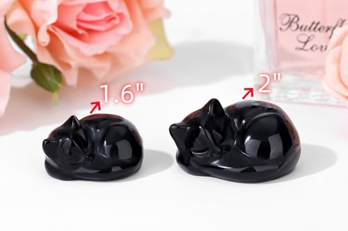 QINJIEJIE 2 Inch Black Obsidian Cat Crystal Black Cat Gemstones Decorations Healing Stone Statue Cute Kitten Figurines Decor Gifts Crystal Home Office Desk Decor for Lovers Stocking Suffers for Men - color: A-black-glossy Obsidian, size: 2 inches