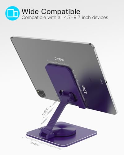 Cell Phone & Tablet Stand for Desk, Aluminum Adjustable Holder for iPhone, iPad & Smartphones || Foldable Mount with 360° Swivel, Stable Base & Portable Design for 4–9.7in Devices, Purple - color: Purple