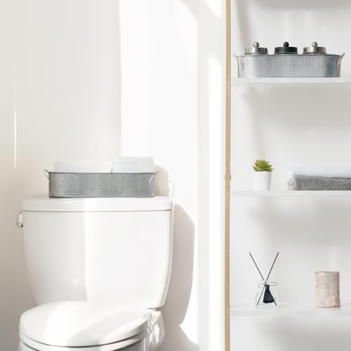 Mkono Metal Storage Basket for Toilet Tank Top Bathroom Decor, Galvanized Tray with Handle for Shelves, Farmhouse Toilet Paper Holder Organizing Bin Box for Countertop Living Room, Set of 2, Silver - color: Silver
