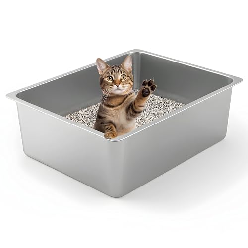 Kirecoo Stainless Steel Cat Litter Box - Metal High Sided Cat Pan, Large Stainless Steel Box, Indoor Litter Tray, Non Stick, No Smell, Easy to Clean, Pet Toilet Supplies for Kitten, Kitty, Rabbit - size: 17.52" L x 13.58" W x 5.9" H