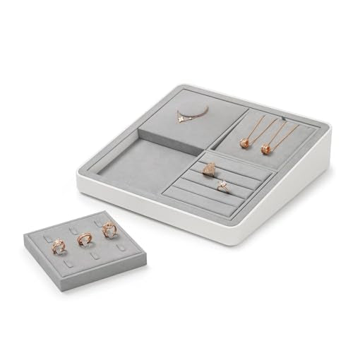 Microfiber 4 Slots Jewelry Earring Display Tray Earring Display Organizer Tray(Gray) - size: 5.5" x 5.5" x 0.78"