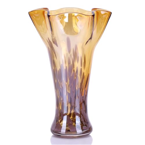 9.1H Murano Hand Blown Glass Vase, Ruffled Scalloped Rim Trumpet Shape, Wide Mouth Colorful Decorative Glass Vase, Sculptural Art Centerpiece for Living Room Table, Bathroom, Office Shelf (Amber Gold) - color: Amber Gold