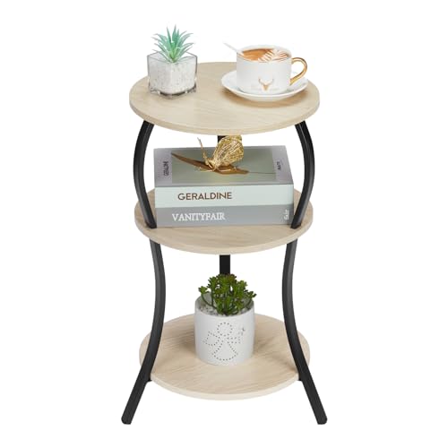 Vintage Small Round Side Table, 3-Tier Slim Waist Circular End Table with Storage Shelf, Compact Tea Sofa Side Table, Round Corner Coffee Table Nightstand for Living Room Bedroom Small Spaces,Oak - color: Oak, style: Classic