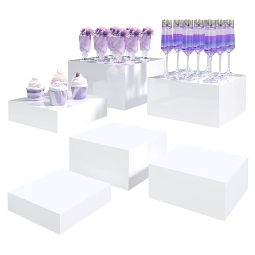 Buffet Risers, Food Display Risers for Party, Glossy White Acrylic Risers Display Stand for Buffet Table, Catering Displays for Dessert, Cube Box Nesting Riser with Hollow Bottoms (8"x9"x10" 6PCS) - color: 8"x9"x10" 6PCS White