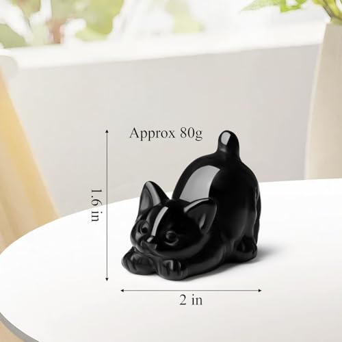 2" Black Cat Figurines Statue Sculpture Obsidian Crystals and Healing Stones Natural Gemstones Carved Kitten Cute Office Room Home Cat Decor Gifts for Mother Cat Lovers Women Men - color: Black-glossy Obsidian