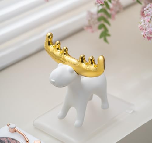 Modern White Resin Deer Figurine with Gold Antlers – 7.48 x 69 x 7.72 Minimalist Animal Sculpture for Home & Desk Decor(Standing/Reclining Style) - size: H 7.72 in White A