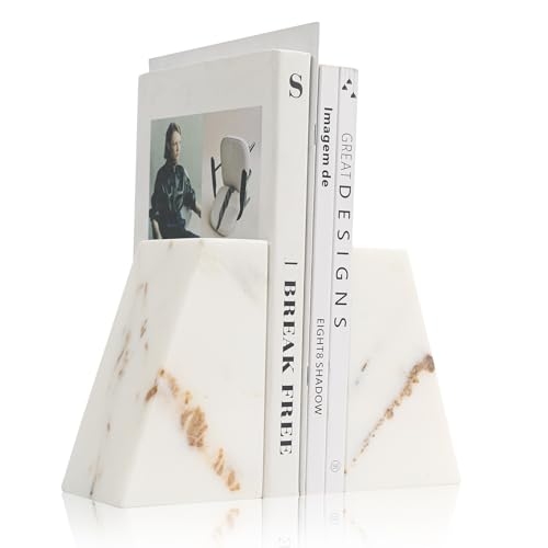Luxury Marble Bookends for Shelves, 11LB Heavy Duty Marble Book Ends for Heavy Books, Stone Bookends Decorative, Polished, Calacatta Gold Triangular, Set of 2 - color: Calacatta Gold, size: 3.9×3×6 Inch