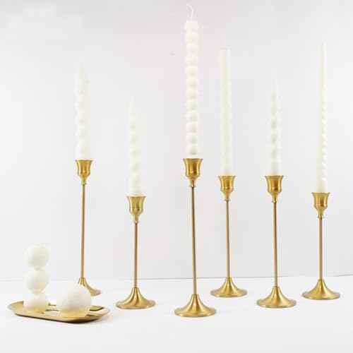 Candlestick Holders, Taper Candle Holders Set of 6, Vintage Candle Holder Decor for Table Centerpiece, Fireplace Mantel, Weddings & Housewarming (Brass Gold, 6 pcs)