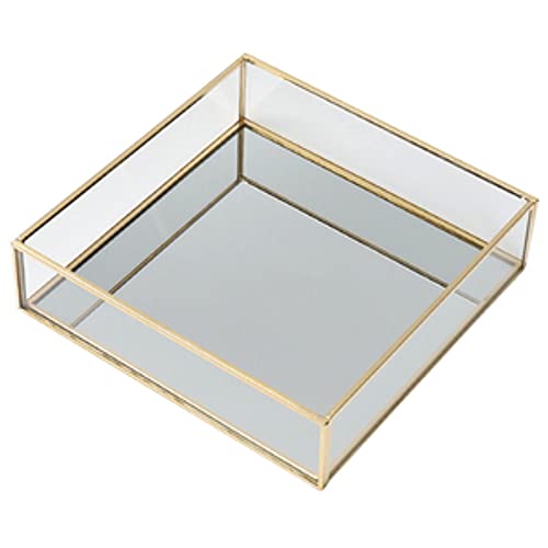 Square Vintage Gold Mirror Glass Vanity Tray,Ornate Geometric and Brass Plated Display Storage Organizer for Makeup Brushes/Lipstick/Skincare/Perfumes/Beauty Room/Bathroom Accessories - color: Square