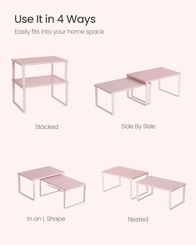 SONGMICS Cabinet Organizer Shelf, Set of 2 Kitchen Counter Shelves, Kitchen Storage, Spice Rack, Stackable, Expandable, Metal and Engineered Wood, Jelly Pink UKCS020S01 - color: Jelly Pink, size: 11.7"W