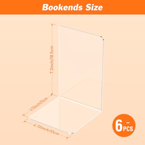 Acrylic Bookends 6 Pcs, Clear Book Ends for Shelves, Transparent Organizer, Holder Stand Decorative, Stoppers for Heavy Duty Books, CD, File, Video Games - color: Clear 6 Pieces