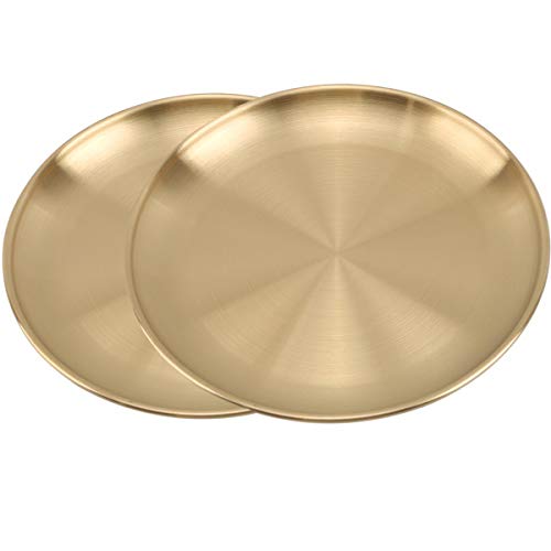 Stainless Steel Gold Plates 2 Set Round Dinner Dishes 10 Inch Metal Plates Great for Picnic,Outdoor Camping Plate,Shatterproof Dishwasher Safe - size: Gold 10 Inch