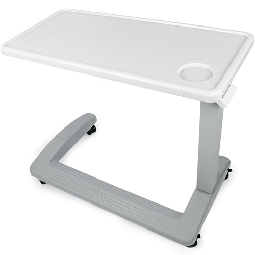 Vaunn Medical Pneumatic Adjustable Overbed Exam Bedside Table with Wheels (Hospital and Home Use), New Tabletop, Light Gray