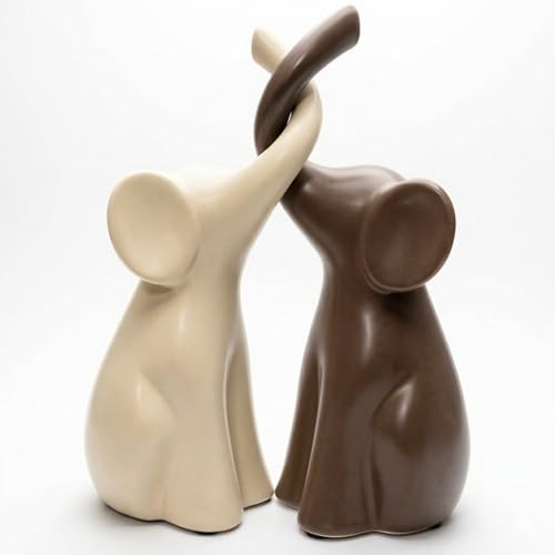 Loving Elephant Couple Figurines – Set of 2 Modern Ceramic Elephant Sculptures in Ivory & Brown, Minimalist Home Decor for Shelves & Tables, 8.27” Tall