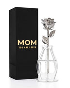 Forever Rose Bloom Box & Phantom Vase Combo, Platinum Dipped Rose in a Personalized Gift Box That Says Mom You are Loved Embossed in Gold Foil, Unique & Everlasting Gift for Any Occasion - color: Platinum Rose (Vase & Mom You Are Loved Box)