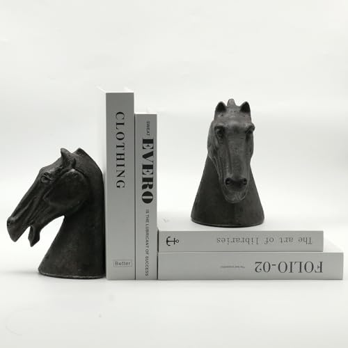 Lukitas Horse Head Decorative Bookends - Heavy Duty Non-Slip Book Holders, Modern Equestrian Ornaments for Office Home Bookshelf Decor, Black, Resin 7.5'' - color: Horse Head