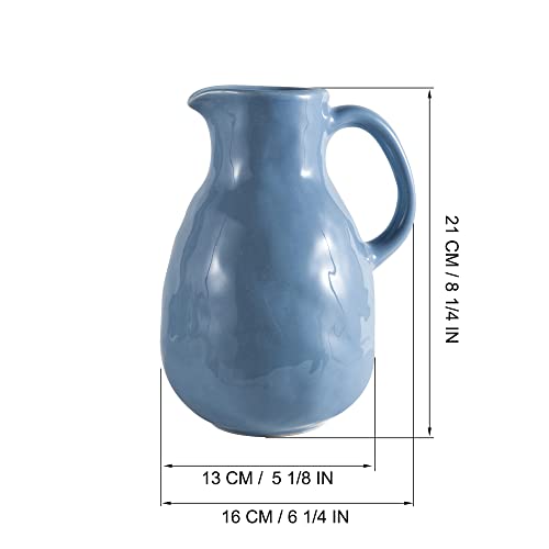 Blue Ceramic Vase with Handle, Pitcher Vases for Modern Farmhouse Home Decor, Small Pottery Flower Jug for Living Room Bedroom Kitchen Office Shelf Decor Centerpiece Table Decoration - color: Blue Pitcher Vase