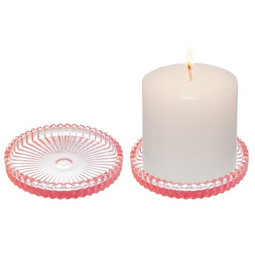 2 Pack Glass Pillar Candle Holders 4 Inch Ribbed Edge Design Decorative Candle Plate with Serrated Edges Clear Pink Display Stand for Wedding Home Decor Table Centerpieces - color: Pink
