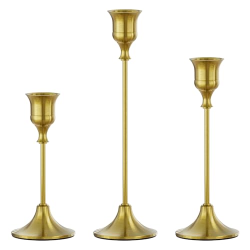 FSyueyun Brass Candlestick Holders Set of 3, Elegant Metal Candlestick Holders for Vintage Taper Candle Holders, Perfect for Table Centerpieces, Fireplace, Home Decor, Weddings and Party Decorations - color: Brass, size: Set of 3