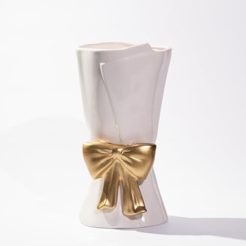 Relexome Fully Glazed White Ceramic Gold Bow Vase 9.64 in Unique Cute Modern Decorative Bouquet Flower Vases for Home Living Room Table Mother's Day Decor Women Gifts - color: White-gold
