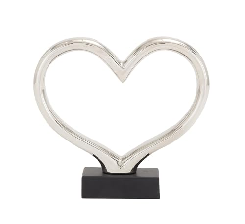 Deco 79 Ceramic Heart Decorative Sculpture Home Decor Statue with Black Base, Accent Figurine 13" x 3" x 12", Silver